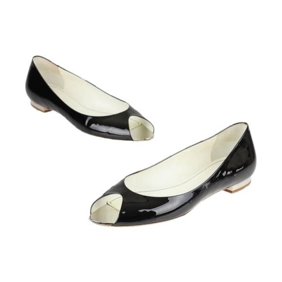 Chanel Peep Toe Ballet Flats Patent Black Size 8.5 - Picture 1 of 15